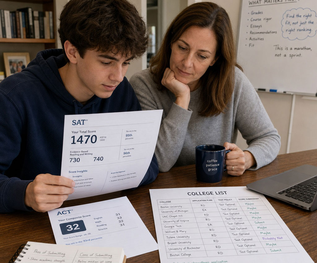 Student and parent deciding whether to submit SAT or ACT scores to test-optional colleges